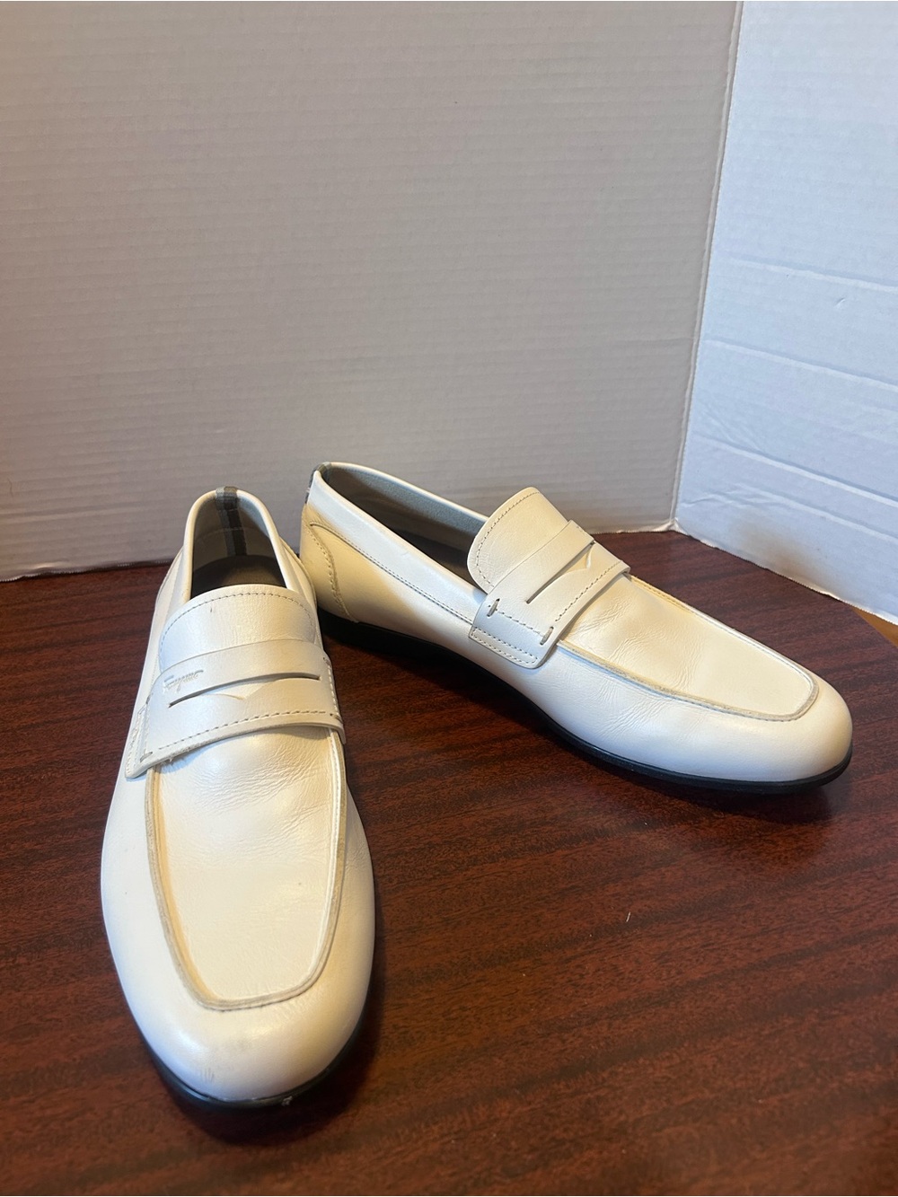 Salvatore Ferragamo Men’s White Leather Penny Loafers - Picture 1 of 9